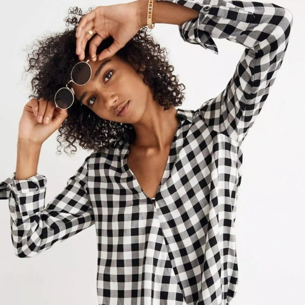 Madewell Black & White Gingham Long Sleeve Blouse